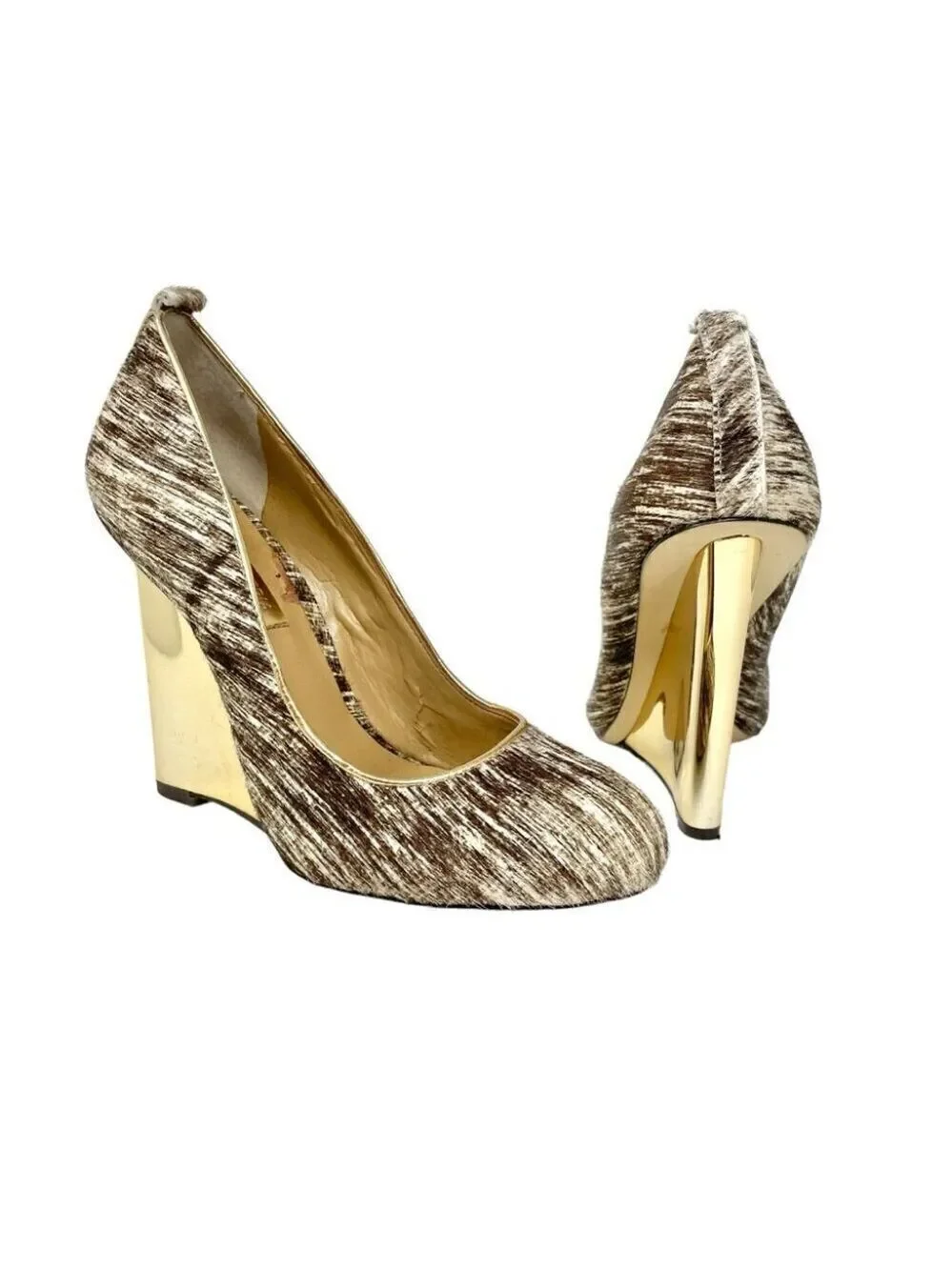 BCBG MaxAzria Ma-Valletta Calfhair and Gold Wedge Heels US 7